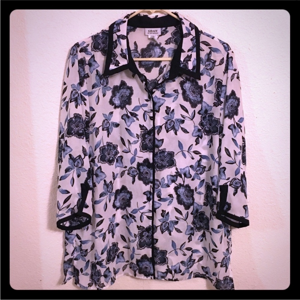 Graff Petite XL Floral Button Front Blouse | Navy Blue Sheer Career Top - Picture 2 of 4